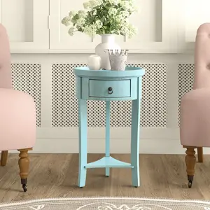 Vintage Blue Round Nightstand with Drawer & Shelf – Small Rustic Vintage Table with Storage, Easy Assembly for Bedroom, Living Room, or Small Spaces