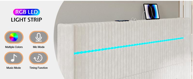 AMERLIFE Modern LED Bed Frame with Charging Station, Corduroy Upholstered Platform Bed with 60" Tall Wingback Headboard/No Box Spring Needed/Luxury Furniture Home Design/Queen/King Size/Best Gift Ideas/Christmas Gifts