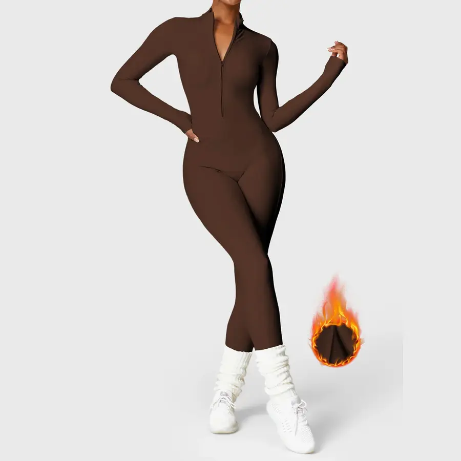 HIJESSE Women’s Fleece-Lined Long-Sleeve Jumpsuit – Thermal Zip-Up One-Piece Bodysuit with Double-Brushed Stretch Fabric for Gym, Yoga, Lounge & Fall Winter Casual Wear