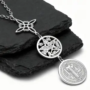 Triple Protection Necklace With Witch Knot Pentagram Tetragrammaton St. Benedict Stainless Steel Spiritual Symbol Amulet Jewerly