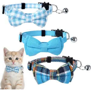 3pcs Bow Tie Cat Collar with Bells, Breakaway Bowtie Plaid Soft Adjustable Collars for Kitten Puppy and Small Pets