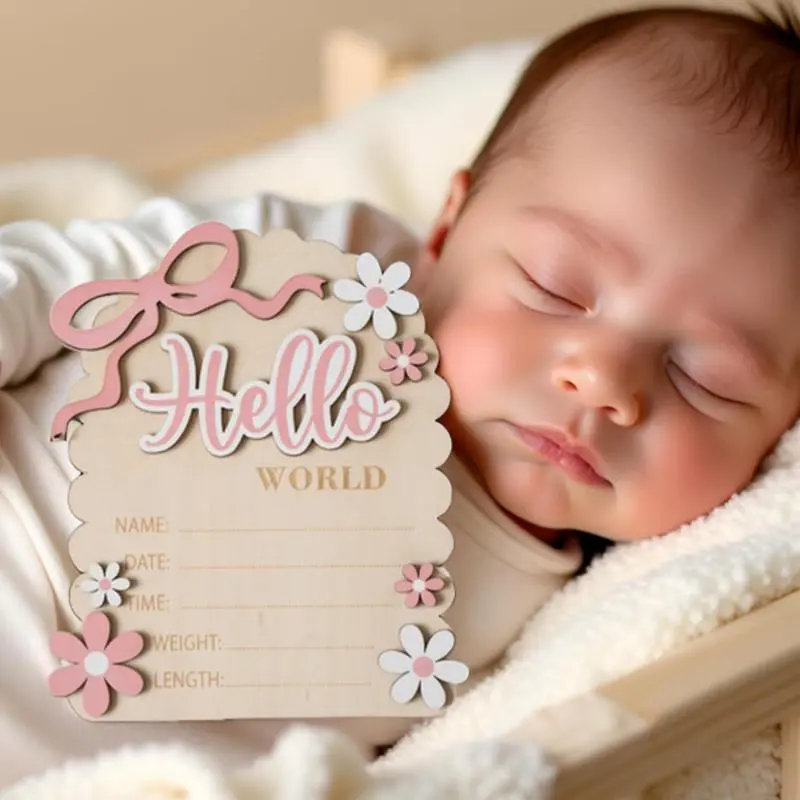 Newborn Baby Announcement Sign – Double-Sided "Hello World", She’s Here Card, Photography Prop, Creative Baby Announcement Ideas Welcome Sign Welcome Plaque Wall Art Sign Wood Home Sign Vintage Metal Sign Wooden Gnome Sign