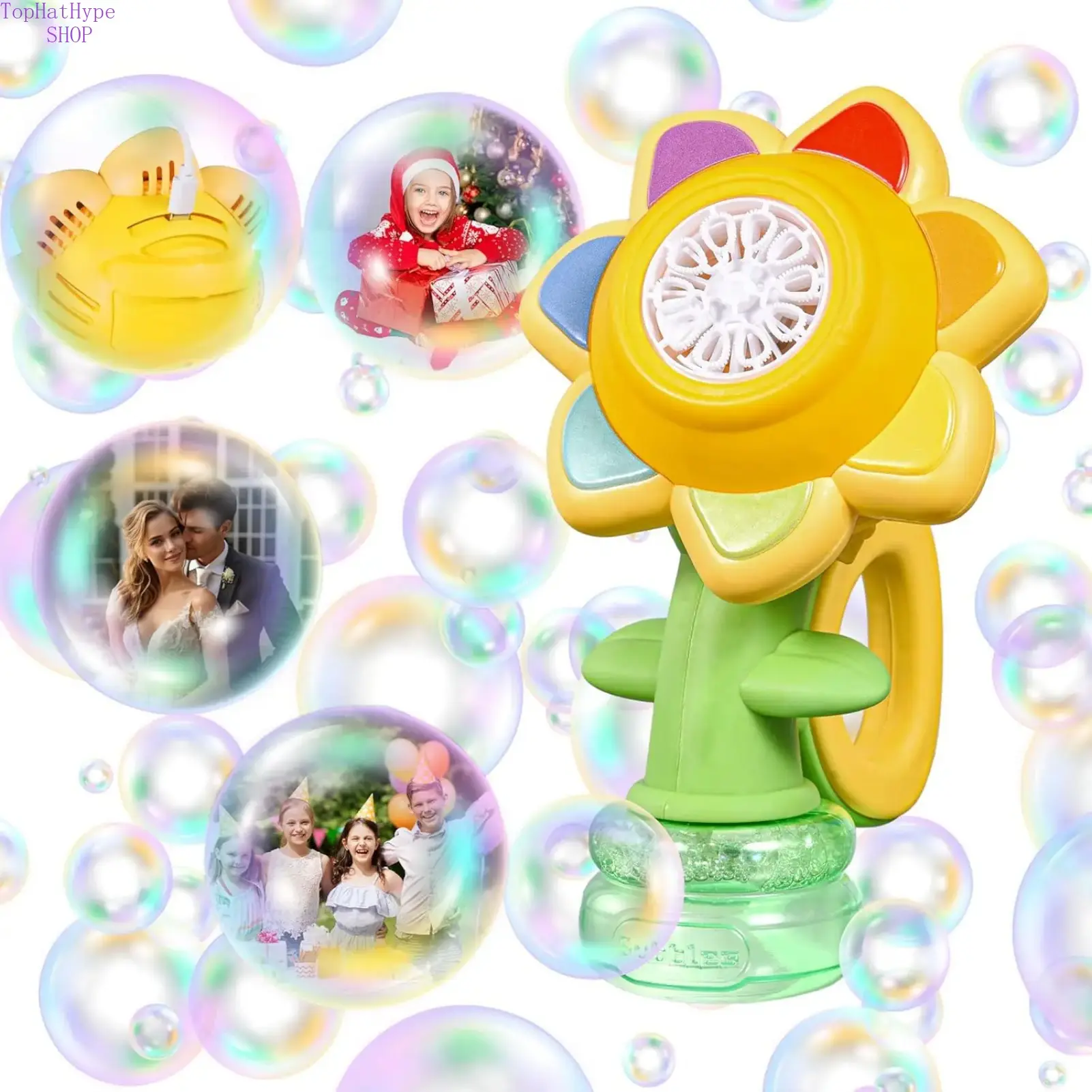 Sunflower Bubble Machine for Kids, Automatic Flower-Shaped Bubble Toy with Colorful LED Lights, Handheld Fun Blower for Toddlers, 20,000+ Bubbles, 3 Modes for Swing, Dance & Play, Outdoor Entertainment Toy