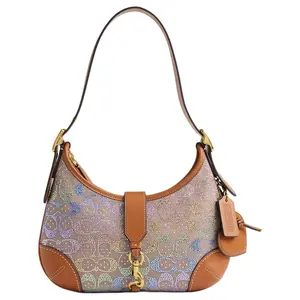 COACH Hamptons 27 Crystal Letter Print Jacquard Fabric with Vegetable-Tanned Leather Large Shoulder Bag for Women