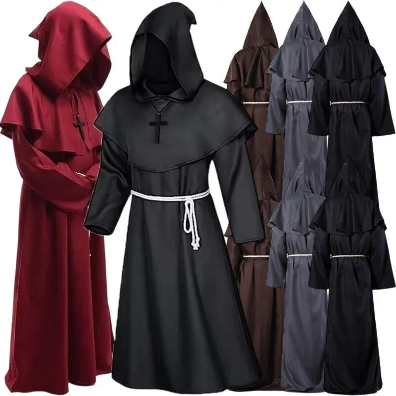 New Halloween Wizard Costume Cosplay Medieval Hooded Robe Costume Monk Friar Robes Priest Costume Ancient Clothing Festival Suit