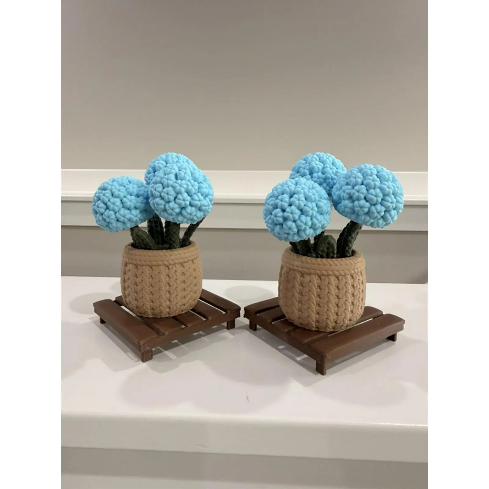 3d printed Crochet Blue Flower Pots with Wooden Coasters for Home Decor