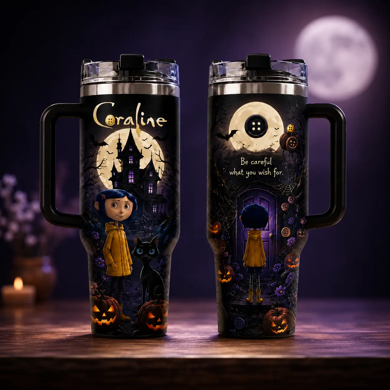 Coraline Inspired 40oz 30Oz 20Oz Tumbler With Handle, Spooky Button Moon Travel Mug, Black Cat Halloween Cup, Gothic Gift for Her