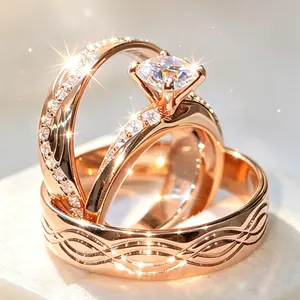 A Delicate Three-piece Rose Golden Set of Interchangeable Engagement and Bridal Rings, Ideal As A Gift for Special Occasions.