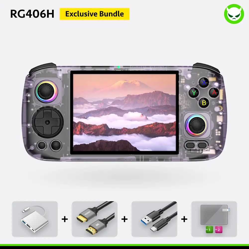 RG406H【Buy 1 Get 1 HDMI Cable(8K)+1 Multi-port Adapter+1 Type-C Cable】Handheld Console Android 13 Unisoc T820 Processor 4-inch IPS Screen OCA  960*720 Six-axis Gyroscope Sensor 5G WiFi Bluetooth HDMI Output 5000mAh Ready to Use Gift Package