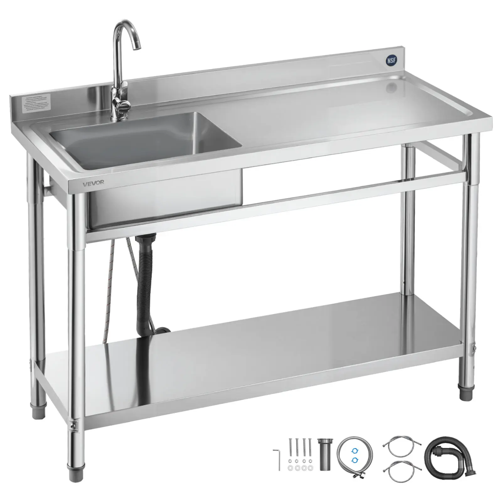 【Summerfinds】VEVOR Stainless Steel Utility Sink, Free Standing Single Bowl Commercial Kitchen Sink with Faucet, Utility Right Basin Workbench with Hot & Cold Water Pipe for Garage Restaurant Laundry, 47x19.7x37 in