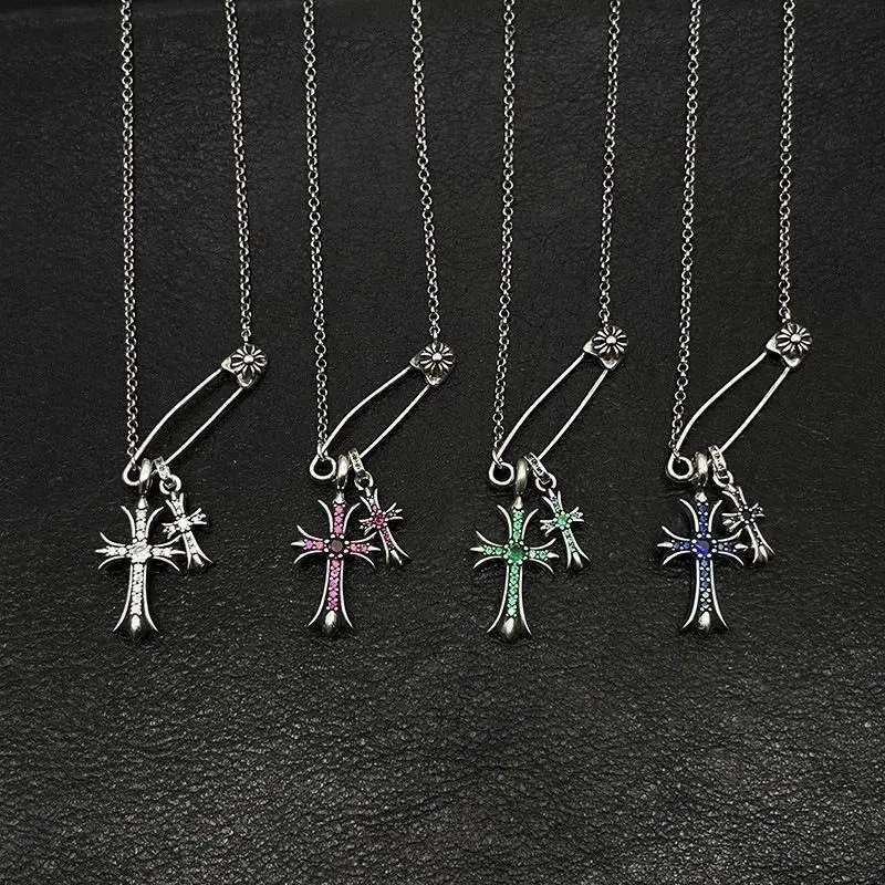 Antique Trendy Xuan Kao Luo Xin Retro Double Cross Pin Necklace Men and Women Personality Collarbone Chain Mix and Match Interne