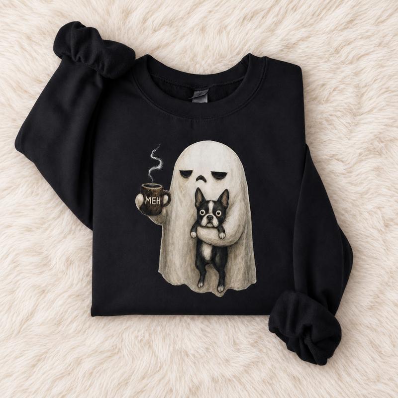 Grumpy Ghost Boston Terrier Sweatshirt, Meh Coffee Halloween Crewneck, Spooky Dog Pullover, Funny Dog Mom Fall Gift