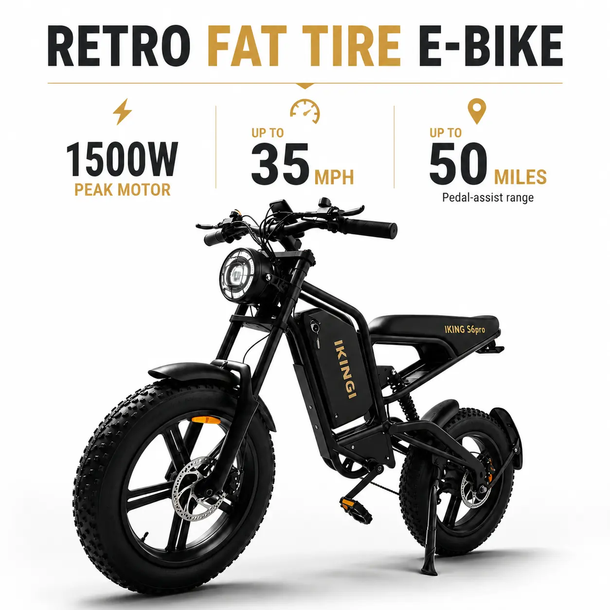 Adult Retro-Style Fat Tire Electric Off-Road Bike, 1500W Peak Motor, 60V 22Ah Removable Battery, Up to 35 MPH Speed & 50 Mi Pedal-Assist Range, 20"×4.0" Tires, Hydraulic Disc Brakes, 7-Speed E-Bike