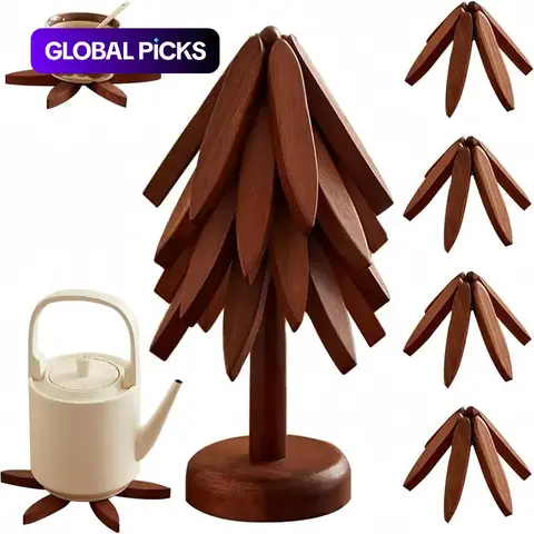 4 Pack Foldable Tree Shape Solid Wood Trivet Set with Storage Stand, Heat Resistant Solid Wood Hot Pot Coaster, Hot Dish Coasters, Durable Anti-Scald Table Mat for Dishes Bowls Teapots Kitchen Dining Wooden Trivets #GLOBAL PICKS