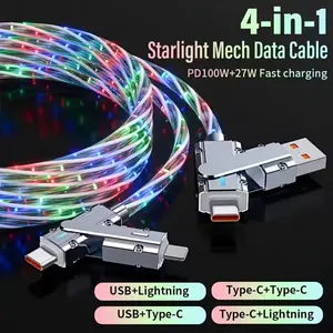 Starry RGB LED USB Type-C to Lightning Cable, 1 Meter Long, 4-In-1 100w Super Fast Charging Line for iPhone 16/15/14/xiaomi/huawei