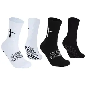 2 Pairs Cross Grip Soccer Socks for US 6-13 - Anti-Slip Christian Socks with Bible Verse