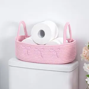 Pink Bow Woven Storage Basket for Toilet Tank Top, Boho Cotton Rope Bathroom Countertop Organizer Basket with Handle, Pink Bathroom Decor for Bedroom Nursery Toys Organizing, 13 x 6 x 4 Inch