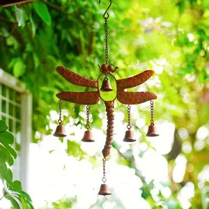 Vintage Metal Dragonfly Wind Chimes for Outside Garden, Rustic Handmade Iron Decorative Bells with 6 Copper Bells, Memorial Sympathy Wind Chimes Gifts for Mom Decoration