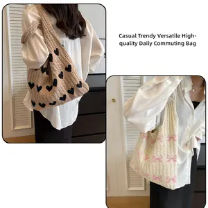 Lady's Bow and Heart Pattern Knitted Shoulder Bag - Fashionable Decorative Tote Bag for Daily Use Casual Style Trendy Design Multi-Functional Large Capacity High-Quality Commuting Bag