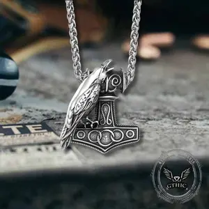 GTHIC Nordic Thor's Hammer Raven Stainless Steel Pendant Viking-Inspired Jewelry for Men and Women Daily Wear