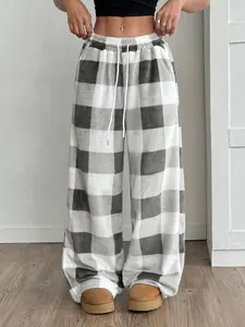 TikTokMadeMeBuyIt Buffalo Check Fleece Wide Leg Sweatpants Cozy Loungewear Y2K Streetwear Trendy GoingOut 90sRevival SoftGirl Oversized Drawstring Elastic Waist Plush Fluffy Comfy Casual Trousers Bottoms for Women Lounge & Street Style Viral Aesthetic