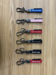 Genuine Leather Keychain Mercedes Benz AMG logo Metal Key Ring Car Accessories
