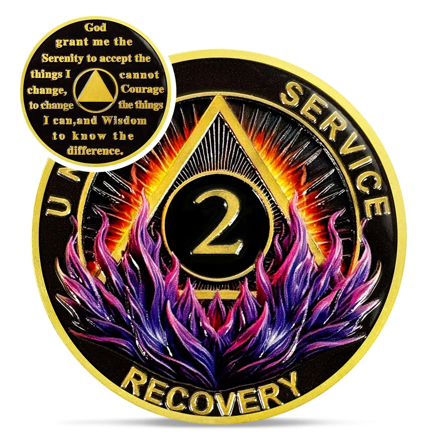 2 Year Sobriety Coin, Purple Flame Recovery Medallion with Serenity Prayer, Unity Service Recovery Triangle Sobriety Chip, Sober Anniversary Gift for 12 Step Recovery