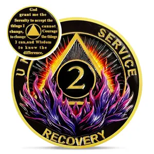 2 Year Sobriety Coin, Purple Flame Recovery Medallion with Serenity Prayer, Unity Service Recovery Triangle Sobriety Chip, Sober Anniversary Gift for 12 Step Recovery