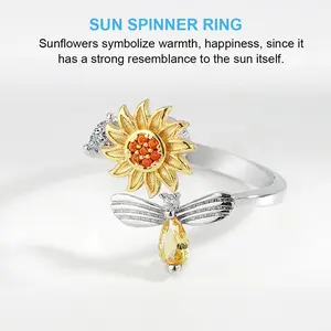 Fidget Anxiety Ring for Women Sunflower Spinner Ring Open Adjustable Fidget Rings for Anxiety Relieving Stress CZ Flower Moon Star Stackable Rings Fidget Jewelry Women