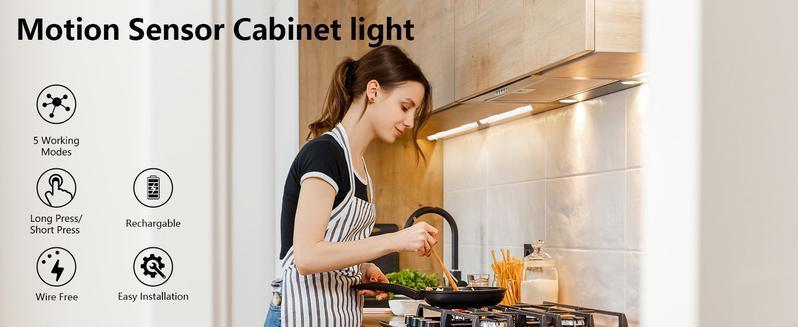 Under Cabinet LED Lights, Motion Sensor Night Light Indoor, 1500mAh USB Rechargeable Lamp, Self Adhesive Wireless Stick-On Light for Closet, Kitchen, Stair, Wardrobe, Hallway, Bedroom and Laundry Room
