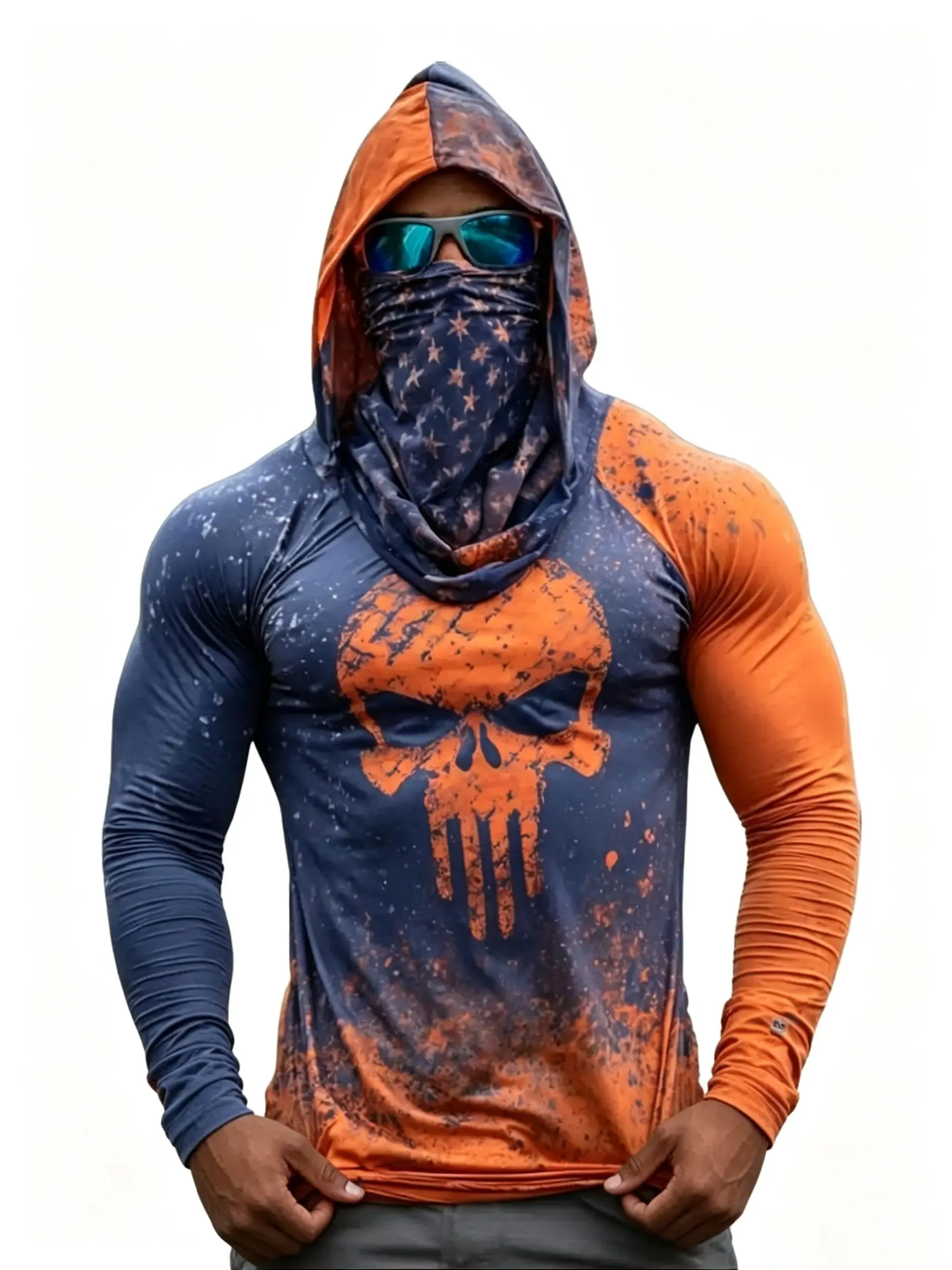 Men's Professional Sun Protection Shirts - New Quick-Drying Breathable Long-Sleeved Hoodie with Orange-Blue Splashing Ink Skull Mask Integration for Outdoor Use
