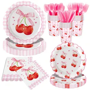 140Pcs Cherry Party Decorations Cherry Plates And Napkins Girl's Birthday Party Supplies Cherry Paper Plates Summer Wedding Party Tableware Set, Serve 20 Guest