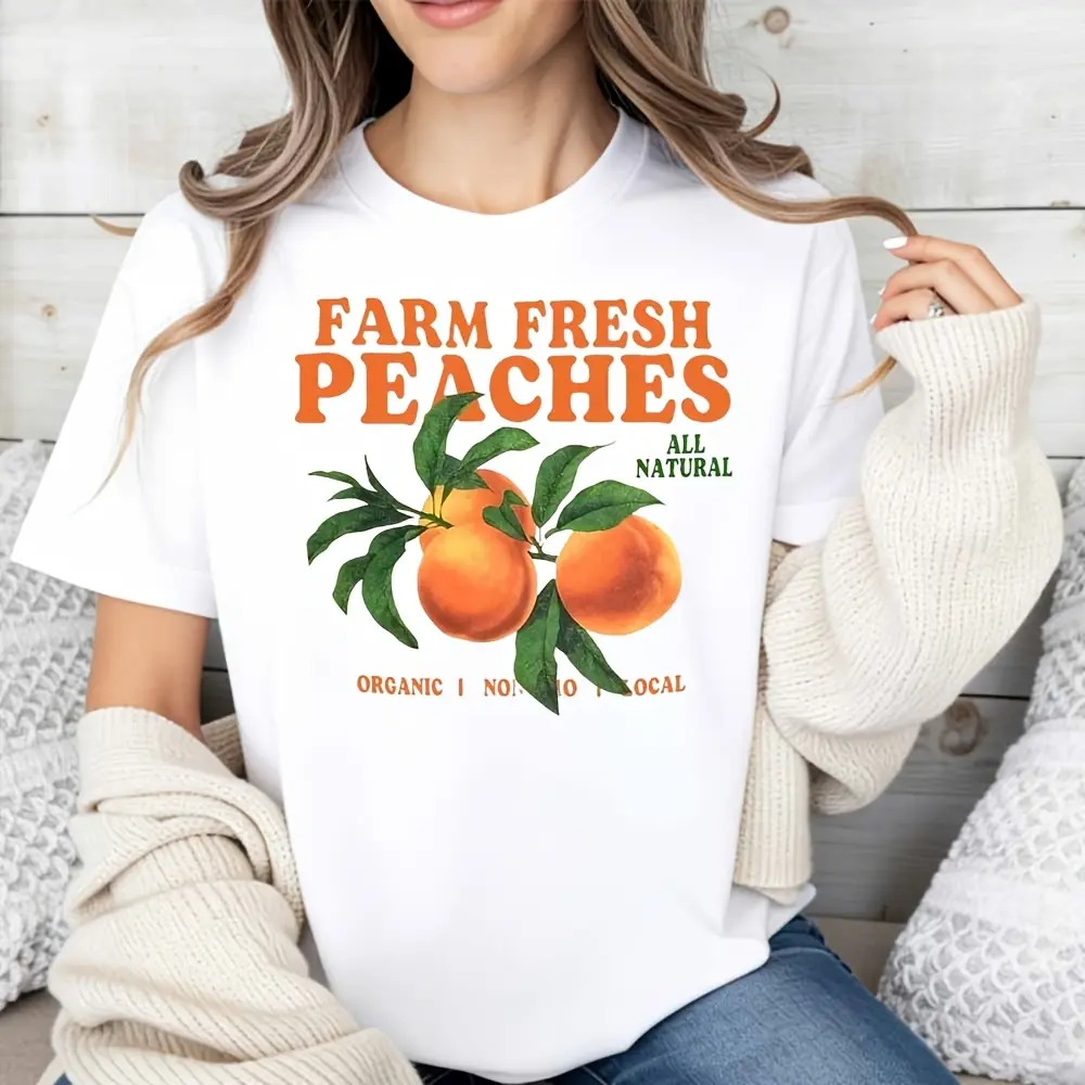 Women's Oversized Short-Sleeve Crew Neck Loose-Fitting Tops, Farm Fresh Peaches Graphic T-Shirt, All Natural Organic Local Design, Summer Casual Wear, Machine Washable Gift for Fruit Lovers, Shrink-Resist, Peaches Print, Cotton, 3Xl