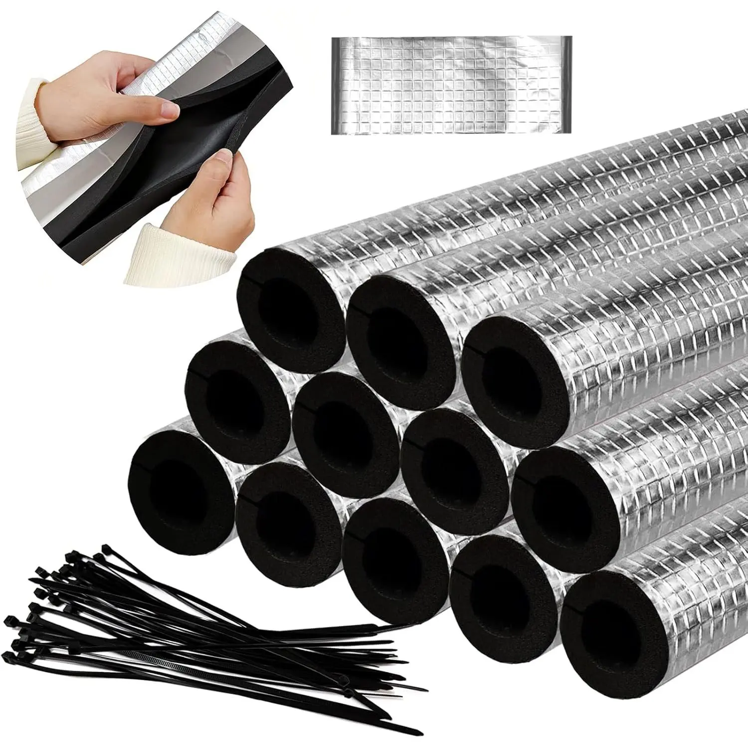 12 Pack Pipe Insulation Foam Tube,Self Adhesive Insulation Foam Wrap with Seam Tape and Zip Ties,Aluminum Foil Pipe Covers for Spigot,Sprinkler,Winter Outside Pipes,1.3 Ft x 0.8 Inch