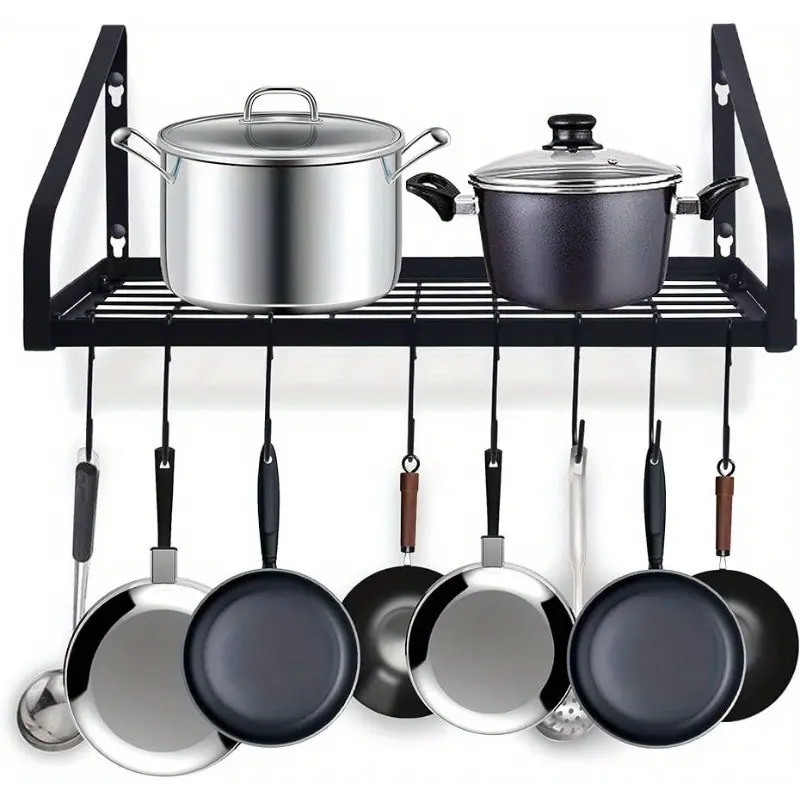 1pc Pot and Pan Hanger, Wall Mounted Pots and Pan Hanging Rack with 8 Hooks for Kitchen Cookware Utensils 2 DIY Methods Black Steel Hanging Pot Rack