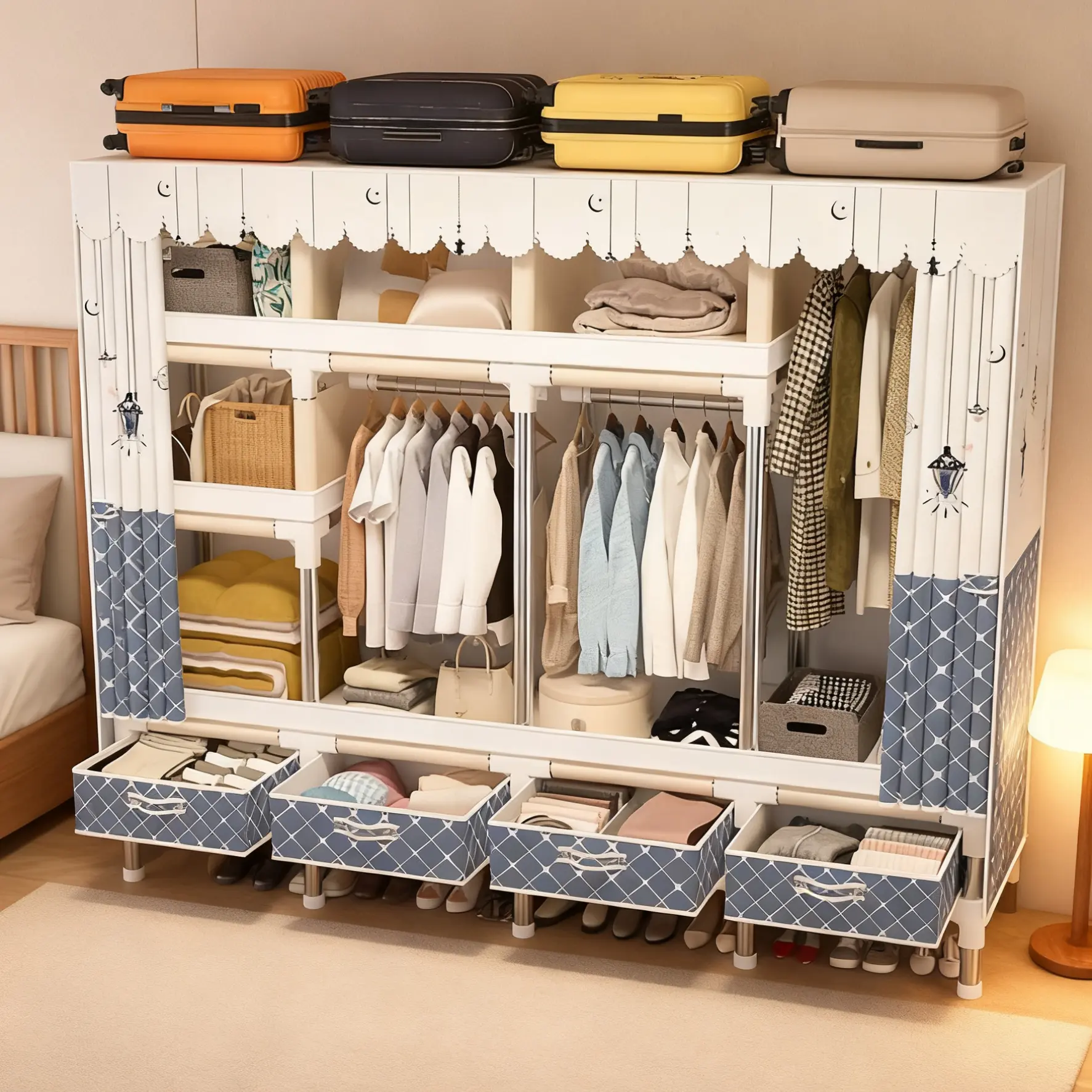 78.74 Inch Large Capacity Portable Wardrobe with 4 Drawers Clothing Rack Thick Steel Pipe with Cloth Cover Clothing Storage Rack Bedroom Floor-standing Storage Wardrobe Easy to Assemble Portable Large Wardrobe