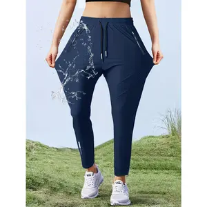 Women's Waterproof Ankle Pants with Zipper Pockets - Elastic Drawstring Waist, High Stretch, Loose Breathable Straight Leg, Women's Clothes for Spring/Fall Outdoor Commuting Sports