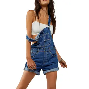 Women Denim Bib Overalls Adjustable Straps Pocket Romper Shorts Casual Rolled Cuff Shortalls Jumpsuit Womenswear
