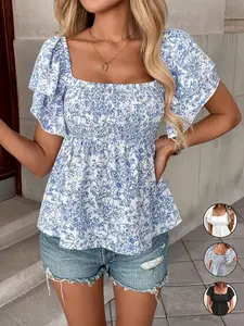 Women's Casual Floral Print Ruffle Sleeve Shirt, Ruffle Hem And Layered Flutter Sleeves In Peplum Blouse， Elastic Waist Top, Comfortable and Stylish, Perfect for Daily Wear