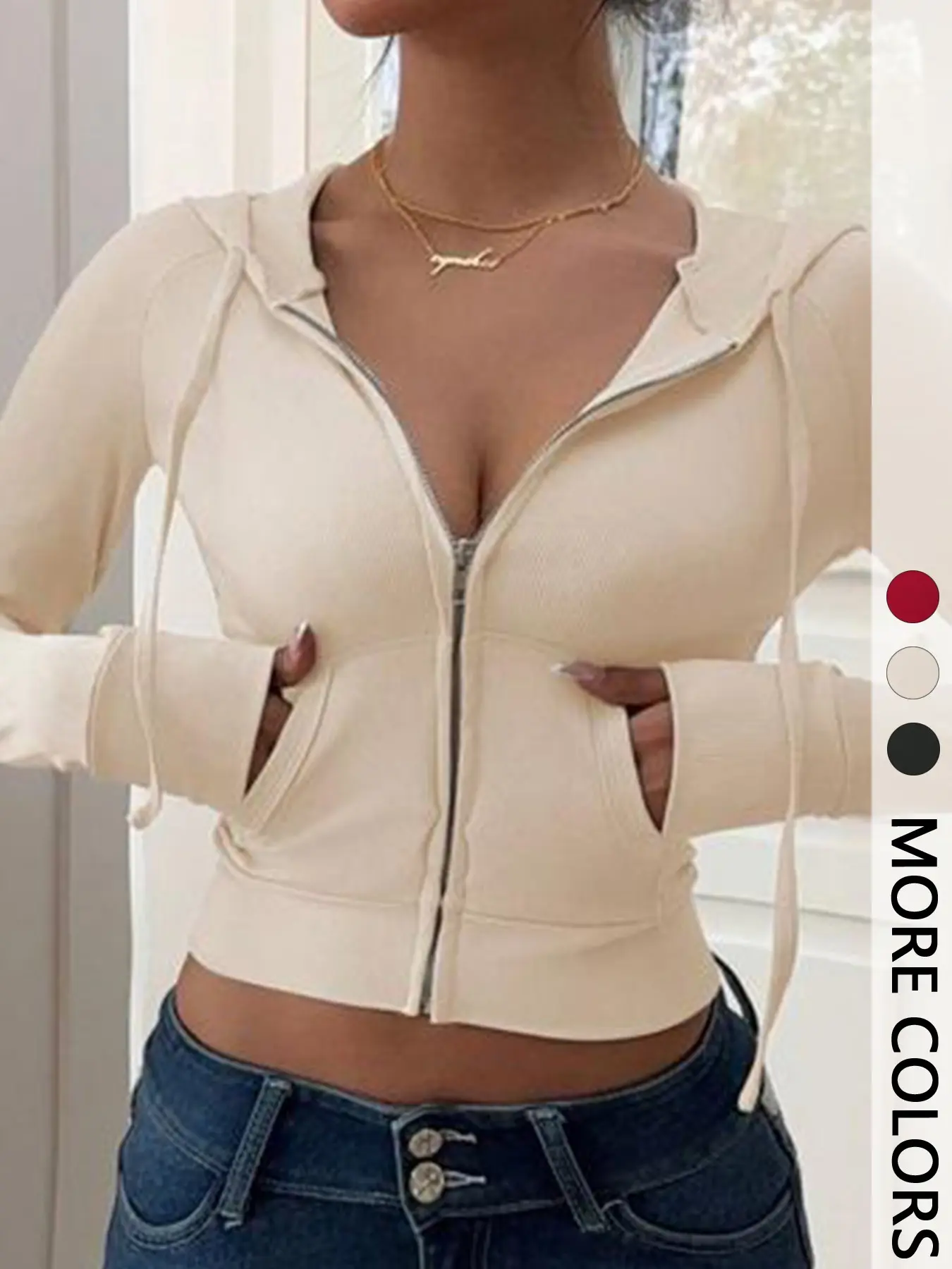 Women's Hooded Knit Sweatshirt with Zipper, Fall & Winter Casual Slim-Fit Pullover, Fashionable Simple Design for Daily Commute
