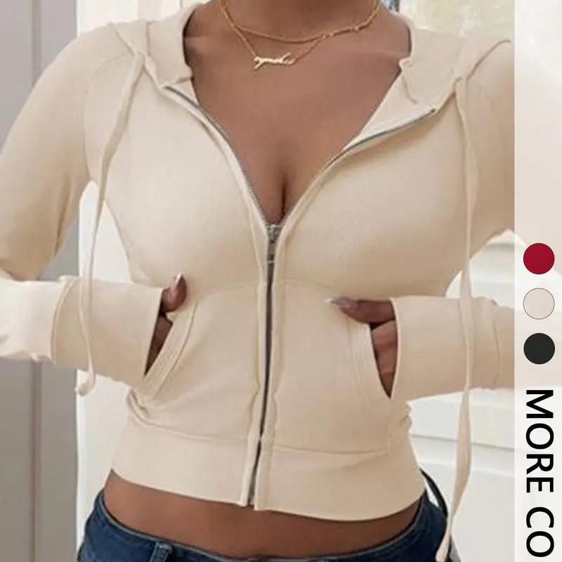 Women's Hooded Knit Sweatshirt with Zipper, Fall & Winter Casual Slim-Fit Design, Fashionable Simple Design for Daily Commute Tops