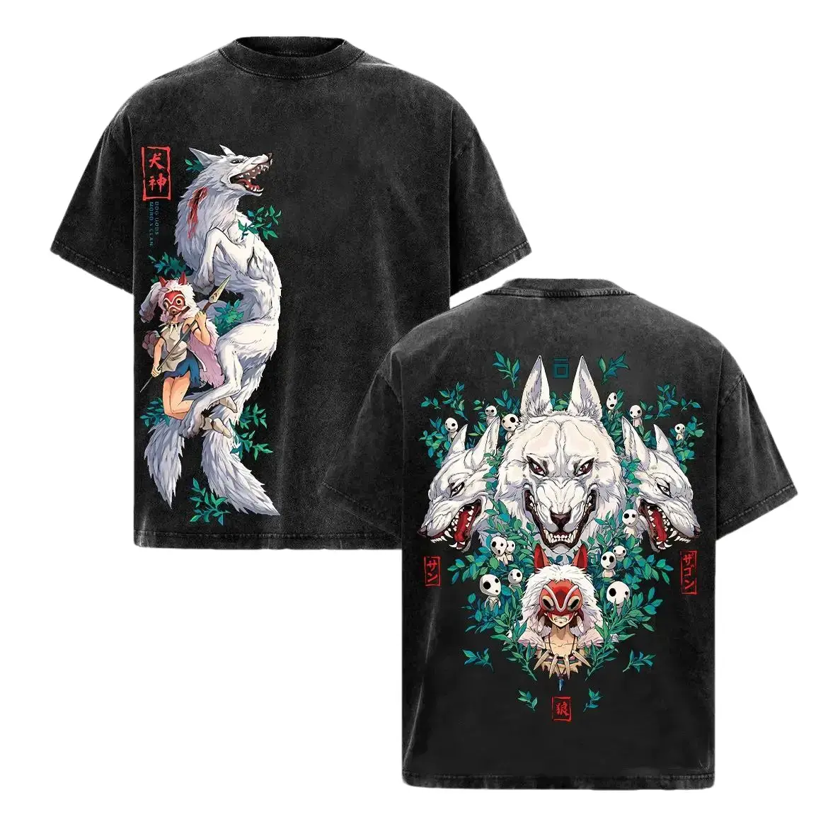 Men's Stylish Vintage Princess Mononoke Acid Wash T-Shirt - 100% Cotton Anime Graphic Menswear Top, Casual Short-Sleeve Double Print Relaxed Oversized Streetwear