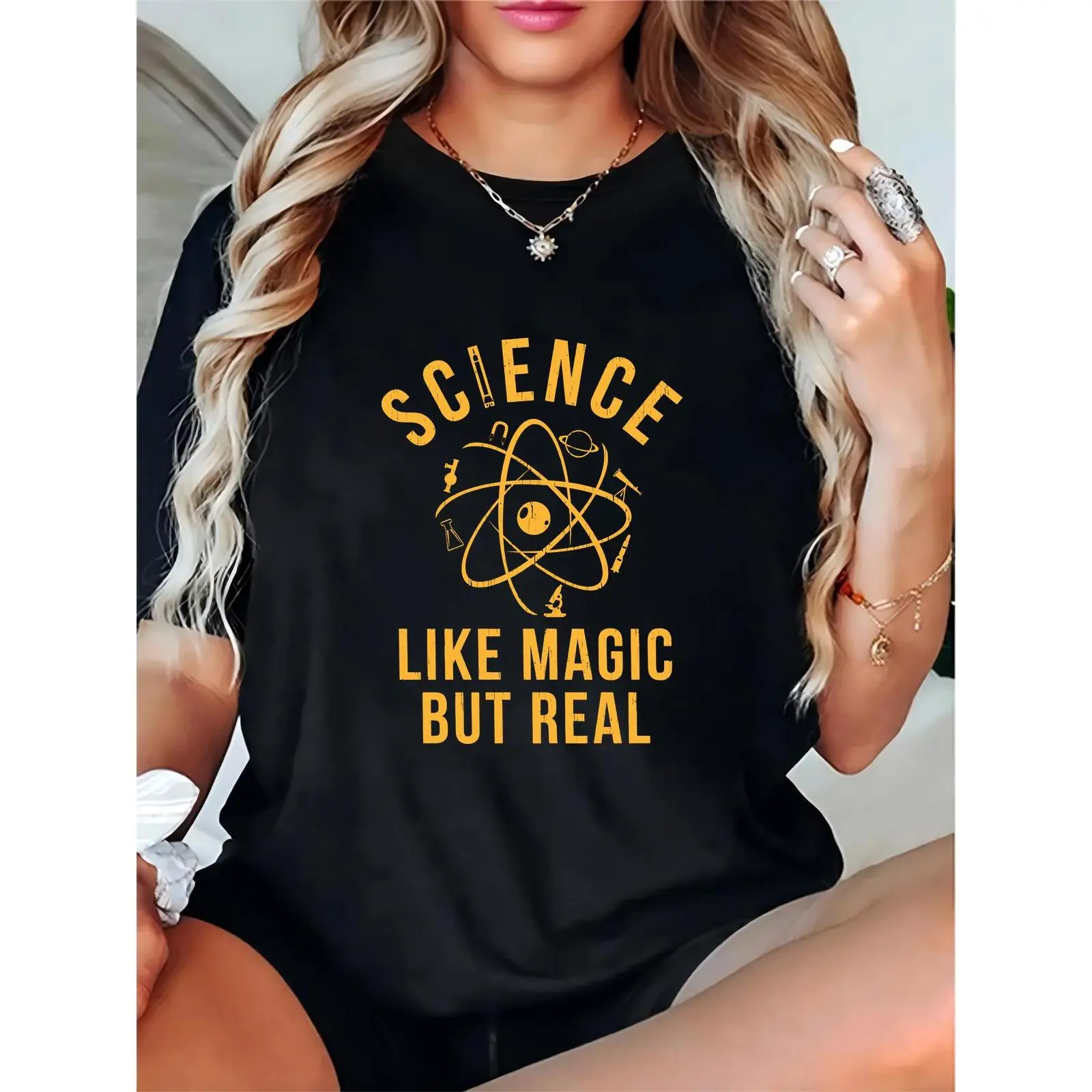 Women's Science Graphic T - Shirt | Atom & Lab Tools Print, "Science Like Magic But Real" Slogan | Ideal for Back to School, STEM Enthusiasts, Campus, Science Fairs & Casual Daily Wear