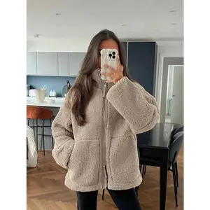Winter Lamb Wool Jacket Women Fashion Stand Collar Zipper Pocket Long Sleeve Warm Velvet Coat Streetwear Female Outerwears