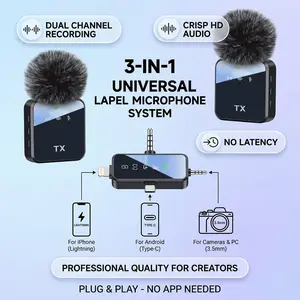 3-in-1 Wireless Lavalier Mic 48kHz/24-bit Hi-Fi Audio Noise Reduction 328ft Range 20H Battery for Phone Camera