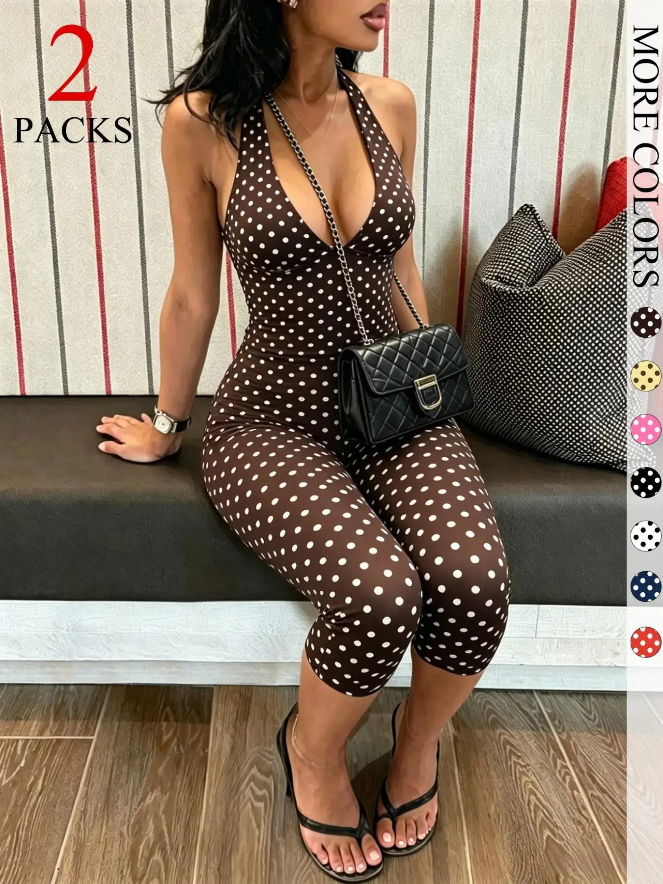 2-Pack Women's Polka Dot Halter Neck Top & Capri Pants Set, Slim Fit Casual Summer Outfits, Trendy Boho Chic Bohemian Streetwear for Daily Wear & Vacation