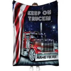 Personalized Truck Blanket with Name, Custom Trucker Sherpa Fleece Throw Blankets, Truck US Flag Blanket, Gifts for Trucker Truck Driver