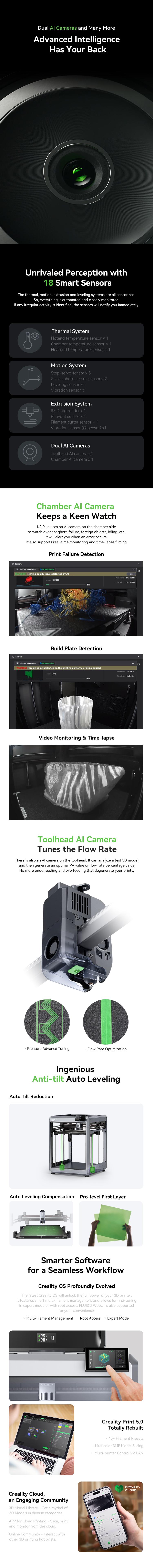 Creality K2 Plus 3D Printer - Support Multi-color, 600mm/s Printing Speed, Dual-Gear Direct Drive Extruder, Dual Hands-Free Auto Leveling, AI Features