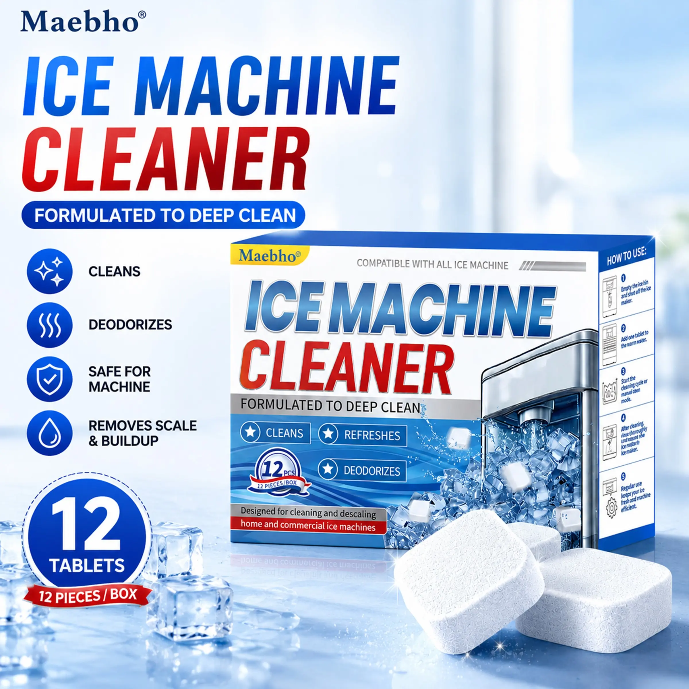 12-piece ice maker cleaner descaling agent, upgraded formula, Solid Form, Safety Certified, Cleaning Power, Deeply Cleans, Odors, suitable for household and commercial use ice maker cleaner, ice machine cleaner