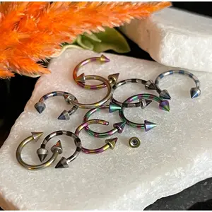 1 Piece Stunning Striped Spiked Steel Circular Barbell Horseshoe Ring - 16g - Internal Diameter 8mm, 10mm